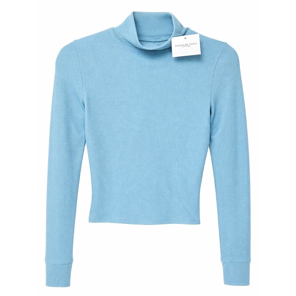NWT American Eagle Blue Waffle Knit Mock Neck Crop Top Small Y2K Preppy Chic